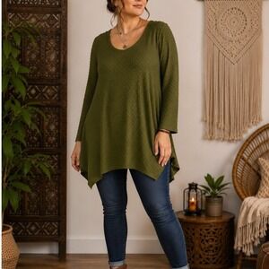 Rebecca Malone XL Olive Green Swiss Dot Tunic Top with Detachable Shawl Boho